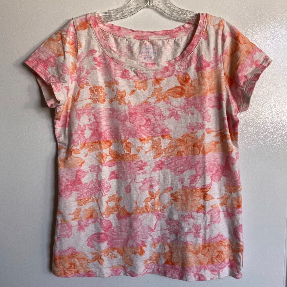 Pink Orange Floral LANDS END Cotton T-Shirt Top S
